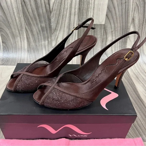 Nina Shoes Nina Freya Chocolate Brown Satin Slingback Pump